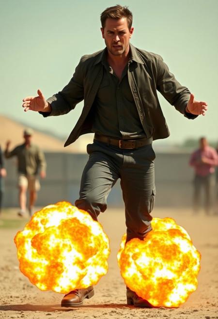 A movie still of a man with exploding knees. There's an explosion in each of his knees. High quality image from an action movie.