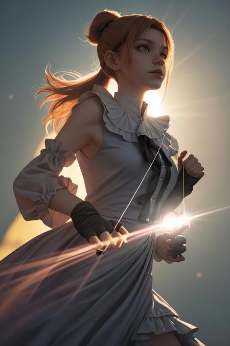 (high angle, headshot:1.2) photo of <lora:tenletters_v1:.9> tenletters, she is wearing frilled shirt , she is wearing elbow gloves, her hair is styled as top knot ponytail, BREAK she is (pretending to be a Bond Girl:1.1), light beams streaming through haze, shot on Bolex H16 ,50mm ,