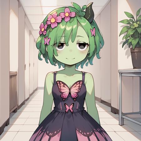  vineriasprunki, 1girl, solo, green skin, colored skin, flower, hair flower, hair ornament, pink flower, green hair, plant girl, black eyes