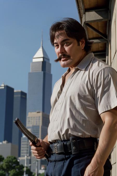robert_zdar, (mustache), sci-fi, b-movie, police officer, samurai, (holding a katana), masterpiece, best quality, soft lighting, high quality, medium shot, upper body, city background, <lora:robert_zdar_1500:0.9>