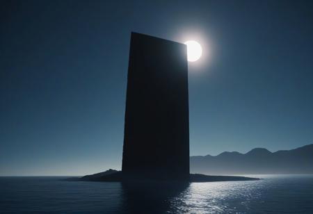 anime, (Hyperdetailed Photography, masterpiece, cinematic lighting), low angle view, best quality, a giant black monolith (/(2001: A Space Odyssey/):0.3) standing on a mountain peak overlooking the sea, the monolith is enormous and imposing, BREAK, landscape, mountains, ocean, coast, (solar eclipse), (light shafts behind monolith:0.5)