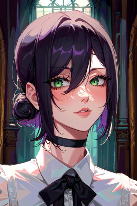 masterpiece, ((ultra detailed background, delicate pattern, intricate detail)), (highly detailed, fine details), best quality, beautiful lighting, ((medium breasts, slim girl)), Reze, 1girl, solo, green eyes, choker, hair between eyes, multicolor hair, purple hair, black hair, hair bun, short hair, white shirt, collared shirt, blush, sleeveless, ribbon, black shorts, complex detailed background, inside, castle room environment, medieval castle, gray walls, window, bookshelf, (close-up, portrait),  <lora:Reze:0.7>