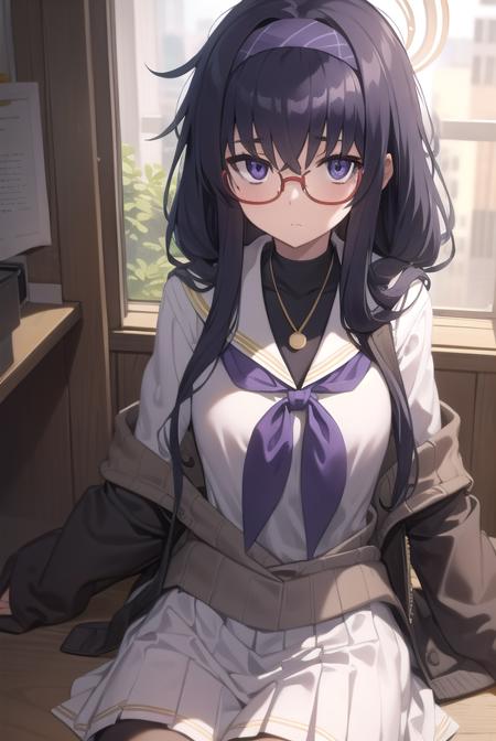 uikozeki, <lyco:uikozeki-lyco-nochekaiser:1>,
ui kozeki, bags under eyes, black hair, (purple eyes:1.5), glasses, halo, long hair, red-framed eyewear,
BREAK black pantyhose, black undershirt, blue hairband, blue neckerchief, brown cardigan, brown sweater, cardigan, hairband, long sleeves, messy hair, neckerchief, pantyhose, sailor collar, school uniform, serafuku, sweater, white sailor collar, white serafuku, skirt, long skirt,
BREAK looking at viewer,
BREAK indoors, classroom,
BREAK <lyco:GoodHands-beta2:1>, (masterpiece:1.2), best quality, high resolution, unity 8k wallpaper, (illustration:0.8), (beautiful detailed eyes:1.6), extremely detailed face, perfect lighting, extremely detailed CG, (perfect hands, perfect anatomy),