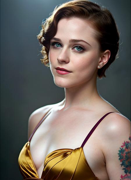 portrait of Evan Rachel Wood, happy , wearing satin , with dark brown Pixie cut , background slums epic (photo, studio lighting, hard light, sony a7, 50 mm, matte skin, pores, colors, hyperdetailed, hyperrealistic), <lyco:Evan Rachel Wood:1.1>