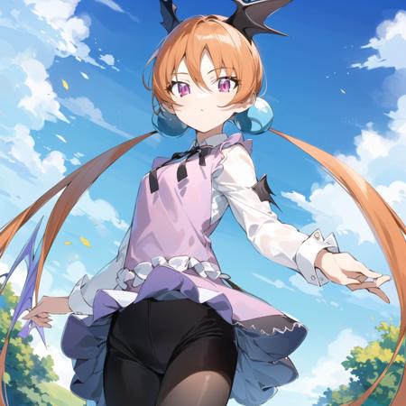 (masterpiece), (best quality), <lora:artkoikoi_AlisaSoutherncross_Keroro:1>, alisa_southerncross, 1girl, solo, long_hair, skirt, hair_ornament, twintails, purple_eyes, pantyhose, sky, day, orange_hair, hair_bobbles, head_wings, flying