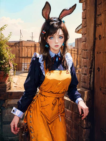 Aisling Bea, (realistic:1.3), intricate details, (cowboy shot:1.3),maid, (v:1.3), blue eyes, black long hair, fake animal ears, rabbit ears, looking at viewer, frills, brooch, red neck ribbon, expressionless, apron, 1girl, detailed hand,.<lora:Aisling-Bea-v10:0.7>