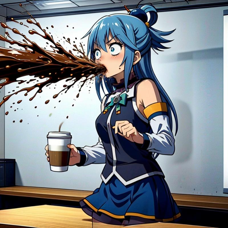 Anime-style girl with blue hair drinking coffee and getting splashed with chocolate sauce.