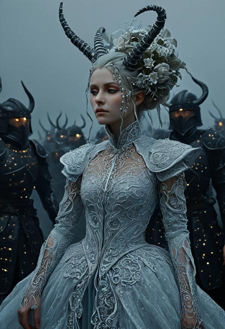 This is a highly detailed CGI illustration in a fantasy art style, depicting a dramatic, ethereal scene. The central figure is a woman with a striking, almost otherworldly appearance. She has an elongated face with a serene, contemplative expression, and her skin has a pale, almost ethereal quality, giving her a ghostly appearance. Her head is adorned with intricate, spiraling horns that resemble those of a mythical creature, tapering to sharp points. Her hair is styled in a high, intricate updo adorned with delicate, flower-like patterns, blending seamlessly with the horns.
The woman's attire is equally fantastical, featuring a flowing, ornate gown made of a fabric that resembles ice or frost, covered in intricate, lace-like patterns that shimmer subtly. She wears a high collar adorned with more intricate, flower-like details.
The background is a misty, dimly lit scene filled with a multitude of armored figures, suggesting a battlefield or a post-battle scene. The figures are indistinct, their helmets and armor blending into the misty, foggy background, creating a sense of chaos and desolation.