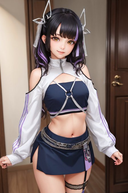 kojodef, twintails, open clothes, black jacket, off shoulder, sleeveless shirt, see-through shirt, heart print, leg ribbon, jewelry, ring, demon tail kojoalt, jacket, shrug \(clothing\), clothing cutout, shoulder cutout, long sleeves, tube top, strapless, black skirt, thigh strap, purple belt, demon tail, midriff kojosweater, twintails, grey sweater, virgin killer sweater, cable knit, leg ribbon, demon tail