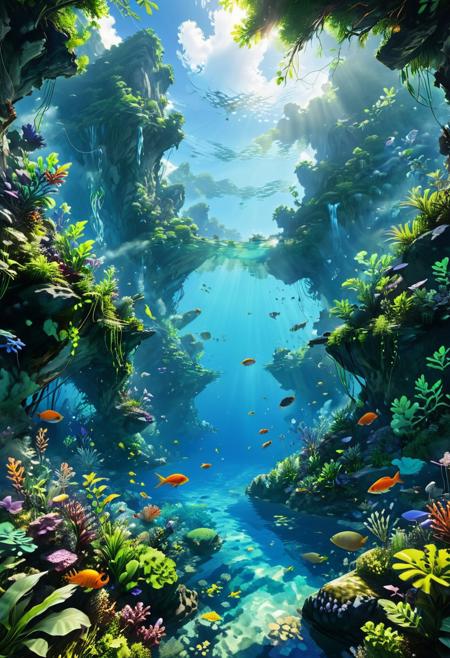 This ultra high-resolution masterpiece is characterized by its beautiful lighting and breathtaking details. Set in a lush green forest with majestic mountains, the scene is bathed in bright sunlight that illuminates crystal-clear water, creating a mesmerizing deep underwater effect.
The composition skillfully combines elements of anime and realism, with a character appearing half above the water and half below, surrounded by a clear underwater environment teeming with tropical fish. The scene is further enhanced by the presence of a beautiful sky filled with clouds and smoke, adding depth and dimension to the overall composition.