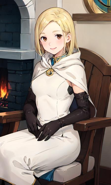 1girl, solo, sitting, [fireplace], ophilia, white dress, long dress, white cape, elbow gloves, smile<lora:octopath_ophilia:0.8>