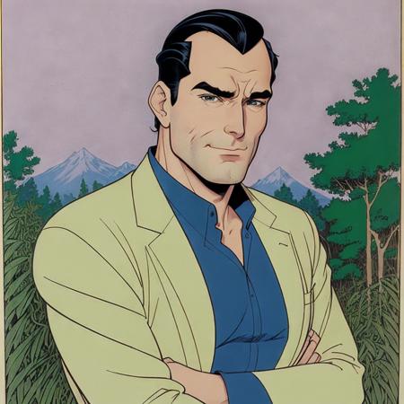 2d cartoon((best quality)) portrait of a black haired man with hairloss, high widows peak, receding hairline, thinning hair, lush forest in the background, bokeh, golden hour, award winning art by alphonse mucha and greg rutkowski <lora:Hairloss-Concept-LoRA:0.7>, (best quality),timeless, Amazingly Detailed, Photorealism, 8k,Best work, ((Filmation cartoon)), (80s cartoon), ((animation cel)), ((line art)), bold lines, minimalistic, ((flat colors)), ((pastel colors)), ((muted colors)), highly detailed, by T. Mark Taylor, by Herb Trimpe, by Bruno Bianchi, by Eric Lewald