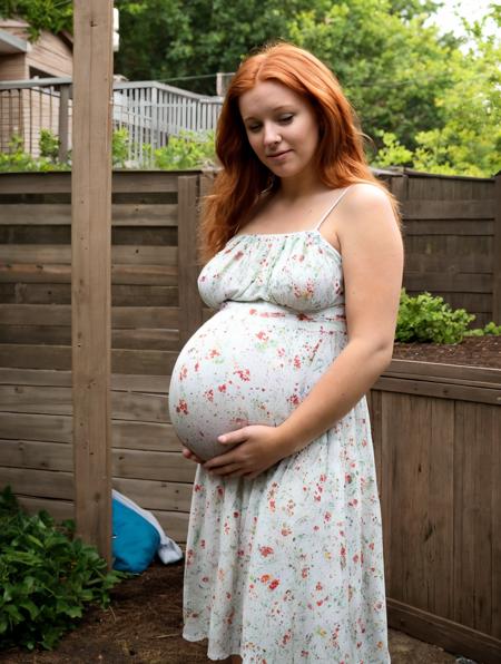 auburn-haired pregnant wife waiting in the backyard wearing her flowing sundress <lora:pregmix-v2>