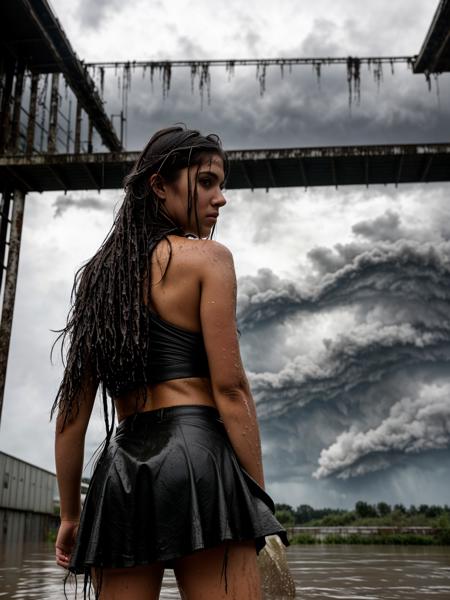 RAW photo, head to hips, girl back view,  (wet muddy Skirt, very long hair Dark Brown hair), looking over flooded apocalyptic factory, desolated, (heavy rain, storm, night), ((from below/low angle)), (high detailed skin:1.2), 8k uhd, dslr, cinematic lighting, high quality, film grain, Canon EOS 5D
