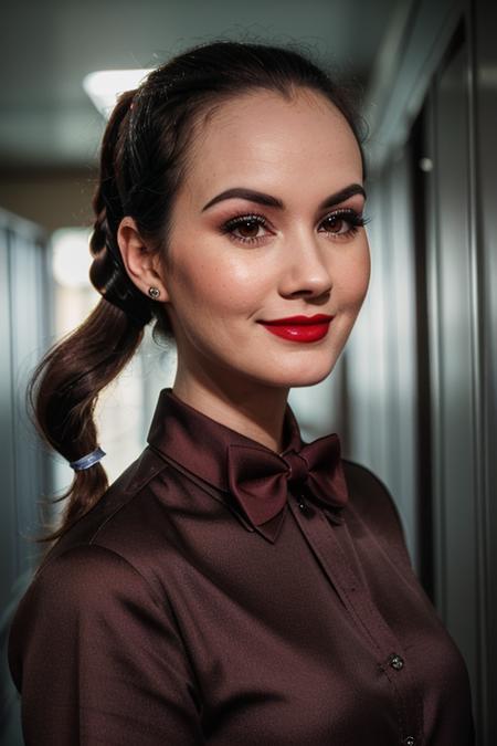 photo of a woman, sydneywatson:0.99, ((dark brown hair)), ((shirt, bowtie, pigtails):1.1), ((closeup, portrait)),((hallway, lockers)), ((red lipstick, makeup)), (smile), ((best quality, masterpiece, extreme details, high resolution):1.2),((detailed eyes, beautiful eyes, detailed face, beautiful face):1.2)