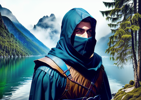 a Rogue walking in a forest, outdoors,lac in the background, roguemask ,(ligth mask),water,masterpiece,1guy, sharp, ultra detailed, 8k,(high detailed face:1.2),(high detailed hand:1.2),(high detailed skin:1.2),  <lora:RogueMask:1>