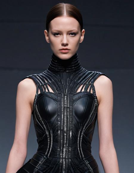Techwear fashion <lora:Alexander McQueen-art deco-000005:1>,Alexander McQueen,art deco,dress,, hair, forehead, eyebrows, eyes, nose, lips, neck, collarbone, . Futuristic, cyberpunk, urban, tactical, sleek, dark, highly detailed