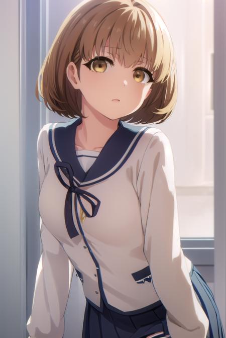 kimiekamata, <lora:kimie kamata s1-lora-nochekaiser:1>,
kimie kamata, short hair, brown hair, hair ornament, (brown eyes:1.5),
BREAK skirt, long sleeves, school uniform, pleated skirt, serafuku,
BREAK indoors, classroom,
BREAK looking at viewer, (cowboy shot:1.5),
BREAK <lyco:GoodHands-beta2:1>, (masterpiece:1.2), best quality, high resolution, unity 8k wallpaper, (illustration:0.8), (beautiful detailed eyes:1.6), extremely detailed face, perfect lighting, extremely detailed CG, (perfect hands, perfect anatomy),