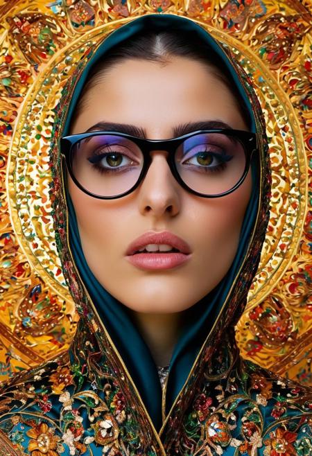 Persian color palette , Persian art, Persian girl, Persian, Iranian, Iran,nun, WEARING DARK, SHINY GLASSES folk costumes (Lina Cavalieri: 1,2) (8k, RAW photo, highest quality), hyperrealistic, intricate abstract, intricate artwork, abstract style, otherworldly, mesmerizing parallel dimension, gravity defies logic, abstract masterpiece, interplay of floating objects, distorted silhouettes, vivid hues, ethereal light, weightlessness in an unknown realm, non-representational, colors and shapes, expression of feelings, imaginative, highly detailed, extremely high-resolution details, photographic, realism pushed to extreme, fine texture, 4k, ultra-detailed, high quality, high contrasthanfu,clear face, Ultra High Resolution, wallpaper, 8K,Rich texture details, hyper detailed, detailed eyes, detailed background, dramatic angle, epic composition, SimplepositiveXLv1 (masterpiece, high quality, ), , , model photoshoot, , a stylish girl, (by Andreas Gursky:1,3)