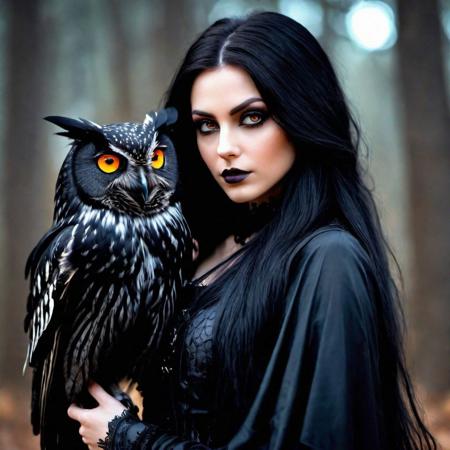 Woman with long black hair holding a black owl, trending on cg society, gothic art, avatar image, with amber eyes, charming witch wrapped in black, with wild hair and ghostly eyes, in modern gothic clothing, profile picture