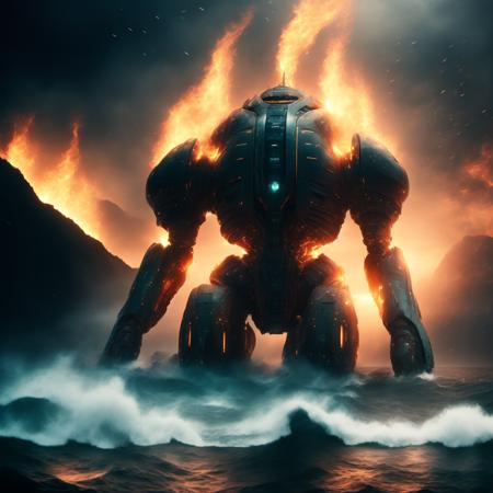 photo Massive Scale Pacific Rim Robot in the Ocean emitting flames, energy (OceanicRim style:1) <lora:djzOceanicRim:0.8)