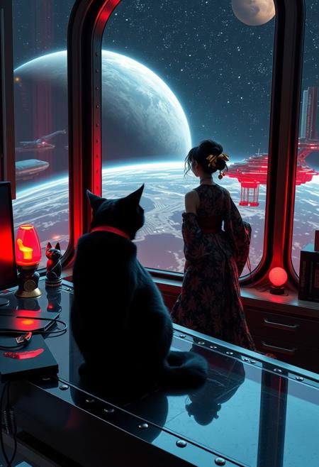 A sleek black cat with red collar sits on a cluttered metal riveted desk with transparent top and rgb led computer components visible inside, On the desk are a maneki neko statue and a lava lamp, the Black Cat is looking out of a seamless and futuristic floor to ceiling window that looks out at a planet from low orbit, (((a beautiful woman fully visible, 24 years old, is standing looking out the window, the woman is dressed in an ornate Japanese style futuristic formal gown (semi-risque) . An enormous deco-cyberpunk starship with futuristic lighting and an enormous space station are visible in the background among the stars, The woman's hair is pinned up with exquisite gold and jeweled chopsticks, and an artistic ribbon that contrasts perfectly with the gown. Artistic cyberpunk, dynamic perspective, (((overall architectural aesthetic is Art Deco Cyberpunk))).