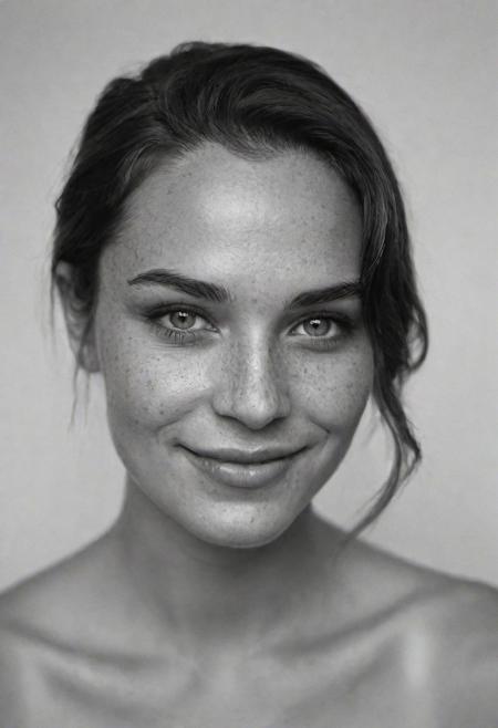 Lenar Karim photography, bnw, A stunning woman with freckles, a big smile, and grey eyes, has a middlecut hairstyle. She is wearing dark makeup. The photograph is hyperdetailed, with soft lighting, black and white style Peter Lindbergh. The head and shoulders portrait is a cover, and it describes in detail the woman's beauty. She is standing in front of a plain concrete background, with her head slightly tilted to the side. Her smile is genuine and captivating, and her eyes sparkle with a warmth that draws you in. Her freckles are scattered across her nose and cheeks, adding to her natural beauty. Her middlecut hair is perfectly styled, and her dark makeup is flawlessly applied. The photograph captures every detail of her face, from the delicate lines around her eyes to the subtle curves of her lips. This portrait is a stunning work of art, capturing the essence of this beautiful lady's beauty in a way that is both captivating and timeless.