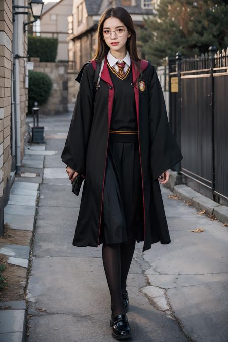 1girl,  long_hair, shoes, solo, standing, looking_at_viewer, skirt, long_sleeves, holding, brown_eyes, school_uniform, pantyhose, (upper body:1.3), glasses,black_footwear, black_pantyhose, robe, animification,hogwarts_school_uniform, HP robe, outfit <lora:HP:0.8>