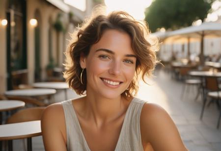 A photorealistic portrait of Olivia, age 35, with a slender face and warm olive-toned skin. She sits at a sun-drenched café table in a quiet Italian piazza during golden hour. The light falls warmly across her face, illuminating subtle skin texture and soft lines. She wears a sleeveless linen dress in a pale coral tone, with minimalist gold earrings. Her short wavy light brown hair is wind-kissed, her green eyes glowing in the fading light. Natural skin, slightly imperfect teeth, and a relaxed smile. Shot on Kodak film emulation, unedited natural look.