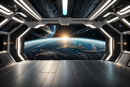 (best quality,masterpiece,realistic,HDR,UHD,8K,highres,physically-based rendering,extreme detail description,:1.2)bright environment,The background is the universe and the earth,on the deck of the spaceship,Symmetrical environment,simple surrounding background,earth,starship,spacestation,