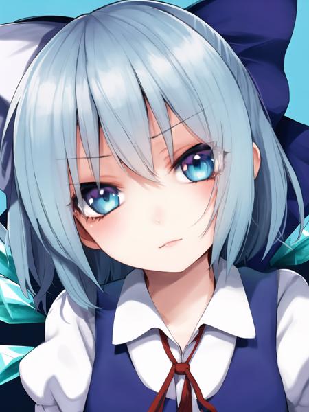 focus on face, best quality, masterpiece, 1girl, Cirno, blue background, <lora:Fua Yuu Style:1.0>, fua yuu style, beautiful eyes, highly detailed eyes, extremely detailed eyes