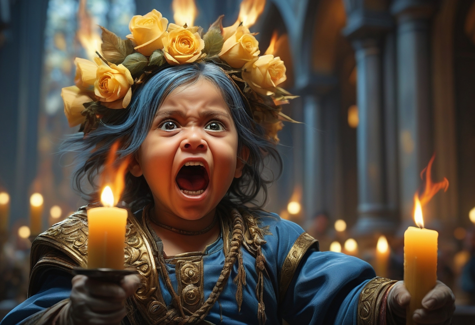 A young girl with blue hair and a crown of flowers is yelling with her mouth open. She is holding a lit candle in her hand. The scene takes place in a dark room.