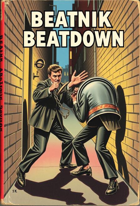 Paperback book, "Beatnik Beatdown" a1950's softcover book featuring two beatniks fighting in an alleyway, one with a chain, the other using a trash-can lid as a shield,