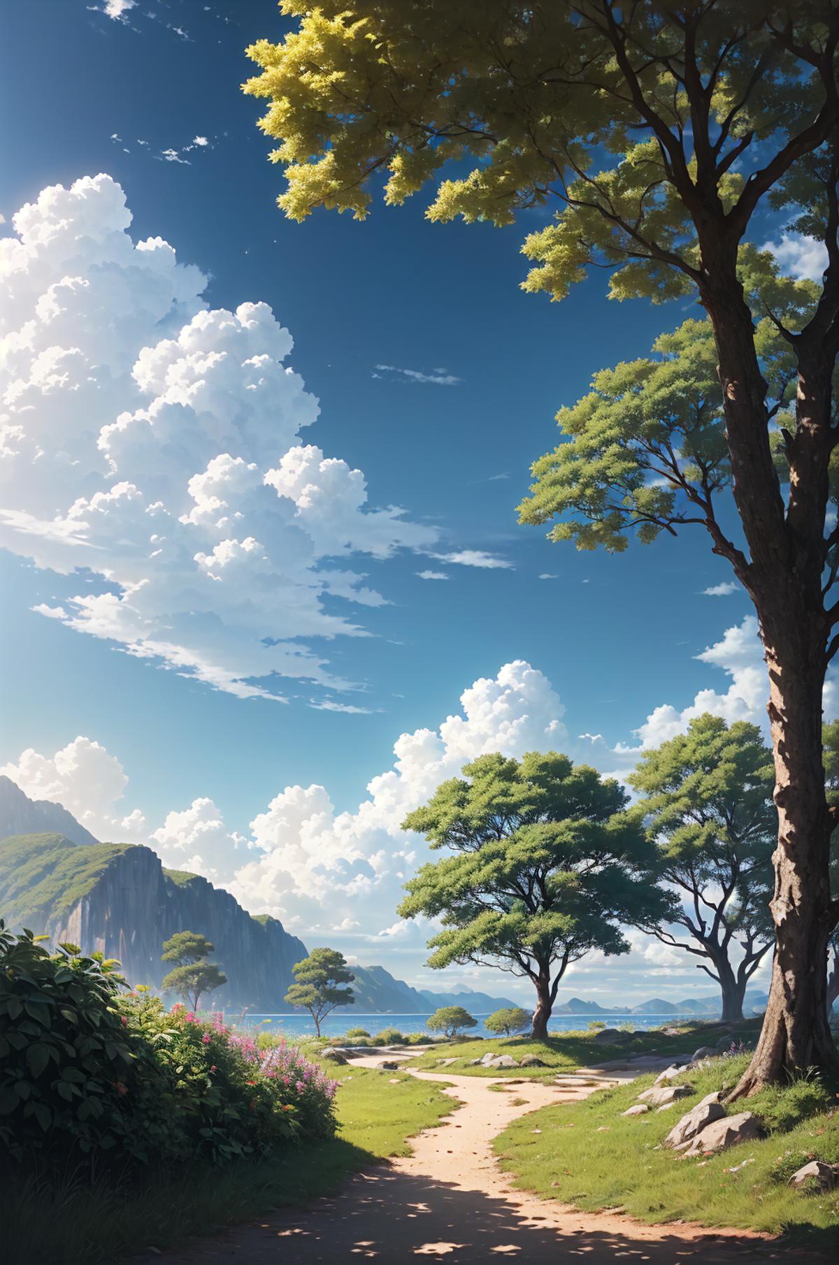 A serene scene of a mountain range with a blue sky, white clouds, and trees.