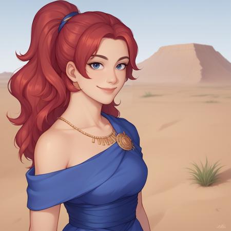 sandy_sdv long red hair, ponytail, jewelry, blue dress