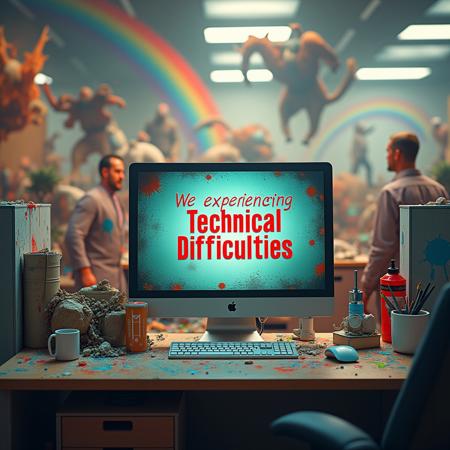 an office, a computer monitor that says "We're experiencing technical difficulties", chaos in the background, mayhem, insanity, discord, rainbows, paint, cubicles, stuntmen, wild animals, debris, unicorn
