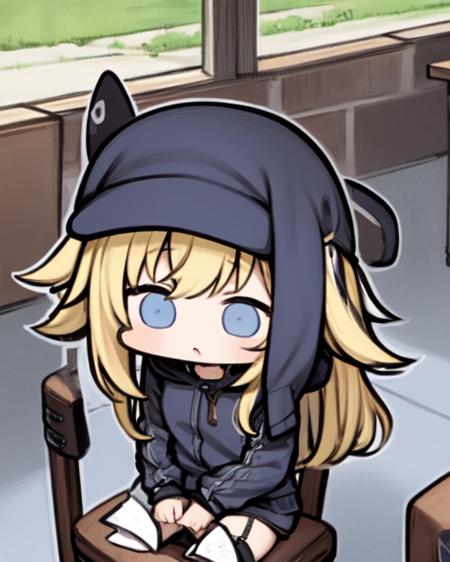 <lora:JazzJack:1>
chibi, 1girl, solo,holding   blue eyes, long blonde hair, sitting on chair in cafeteria all alone wondering where it all went wrong