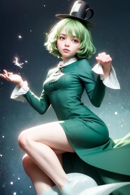 masterpiece, best quality,  <lora:SoganoTojiko:1>,1girl,soga no tojiko, hat,green hair,short hair,green eyes,long sleeves, green dress,ghost tail,(ghost legs:1.4),