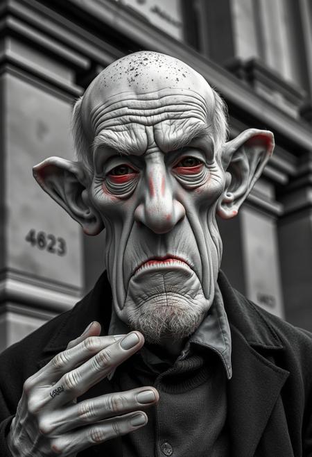 Precise architectural color photography in classic black and white. A surreal, highly detailed caricature of an elderly man with exaggerated features: bald head, speckled with textures and blemishes, furrowed brows, deep-set eyes, elongated ears, and exaggerated hands.  Muted color palette with hints of blues and reds in his clothing and subtle skin markings. Timeless and elegant, sharp lines, detailed structures, wide angles.