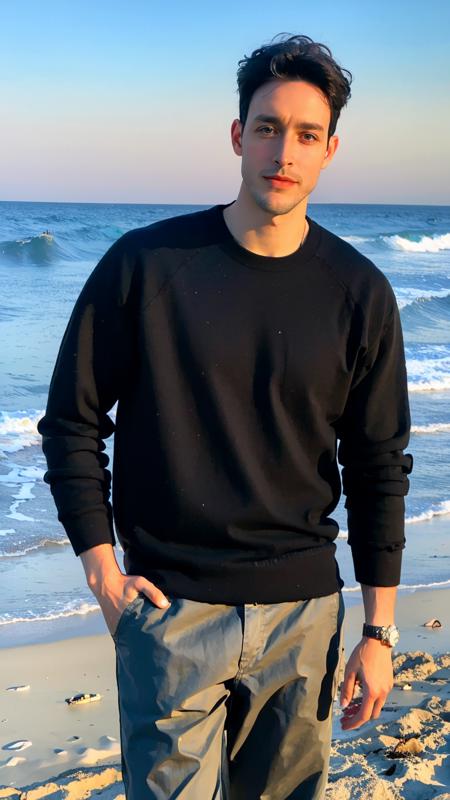 a guy standing at beach, handsome, DrMike, masculine, realistic, upper body, stubble, sharp focus, bokeh, unkempt, skin texture, male focus, (masterpiece, best quality:1.2), <lora:DoctorMike:0.9>, raw, film grain, broad shoulders, big body, sunset, beach, ocean, elegant pose, highres, face focus, look at looking at viewer, (masterpiece,best quality:1.5)