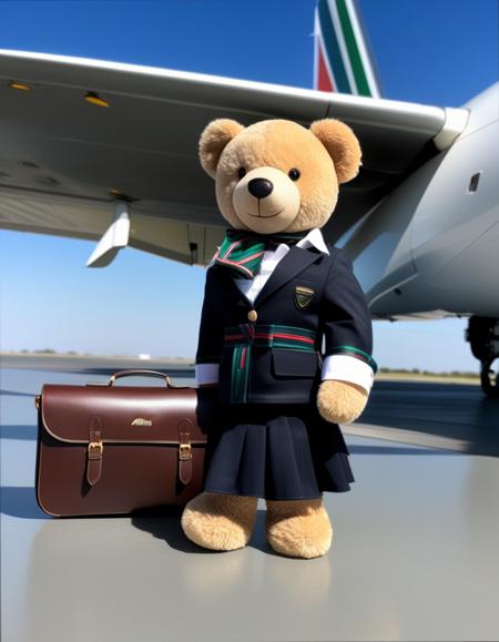 dark theme, ((full body portrait shot of a teddy bear:1)), a pretty cute plush toy wearing alitalia stewardess uniform composed of jacket, skirt, white shirt and blue silk scarf,  joy emotion, (looking at viewer:1.2), (dynamic pose), posing in front of a plane, intricate detailed long, 4k, 8k, (intricate details:1.12), hdr, (intricate details, hyperdetailed:1.15), soft cinematic light, dramatic atmosphere, atmospheric perspective, (soft light, sharp), <lora:alitulti:0.8>, wool, fur, antropomorphism