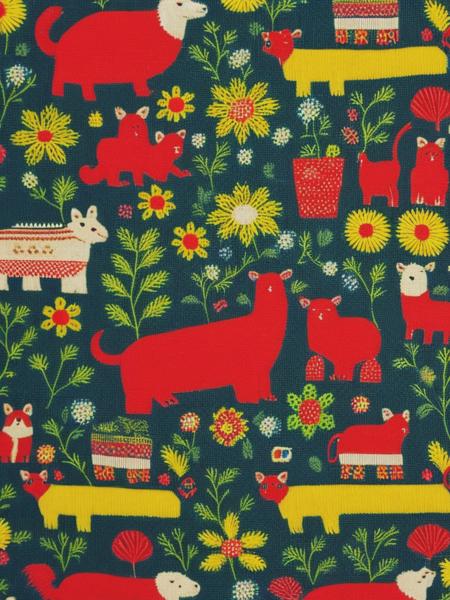 <lyco:FolkArt:1.0> fabric with a pint with animals swedish folk art