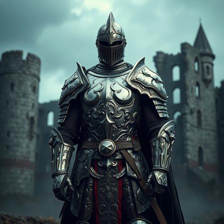 A photo of a man in shining knight's armor, full body view, standing in front of a ruined castle, dramatic lighting, detailed intricate armor design, fantasy, cinematic, highly detailed, by Yoshitaka Amano and Katsuya Terada, 4k resolution, epic composition