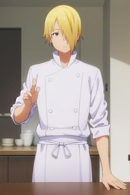 jun satou, blonde hair, male focus, (hair over one eye:1.5), (brown eyes:1.3),  apron, buttons, kitchen, chef,