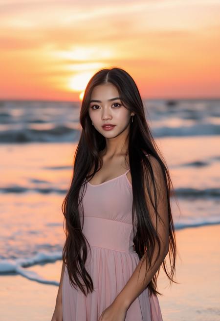 a beautiful Chinese girl with delicate features, charming eyes, and a high nose, standing on a beach at sunset, waves gently lapping at her feet, the sky painted in hues of orange and pink