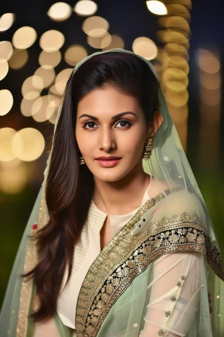 ultrarealistic portrait photo of a 30-year-old woman, Amyra Dastur, outdoors, looking looking at camera, (salwar_kameez_dupatta:1.2), night time, beautiful bokeh, film grain, professional photography  <lora:Amyra_Dastur_SDXL_LoRA:1>
