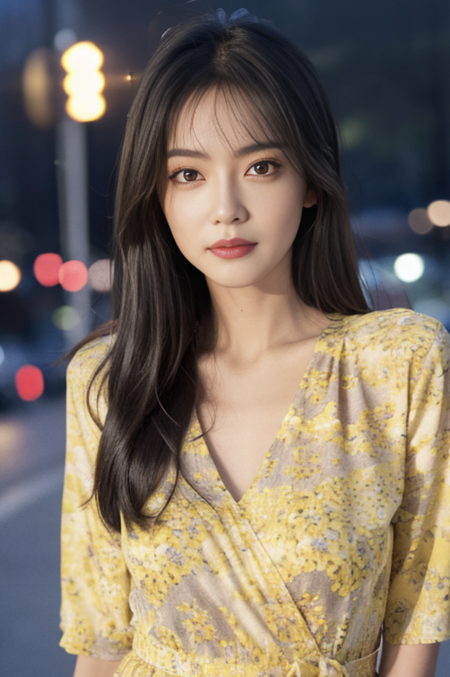 yellow_lure_dress, 8k, cute,(realistic:1.1), (photorealistic:1.1), (masterpiece:1.1), (best quality:1.1), RAW photo, highres, ultra detailed, High detail RAW color photo,professional photograph,1girl,solo,nighttime,lighting,long hair, black hair,
beautiful detailed eyes,cityscape,natural lighting,
(detailed face:1.2),extremely beautiful face,cute, beautiful eyes<lora:yellowLureDress:0.7>  <lora:Velvia2:0.7>