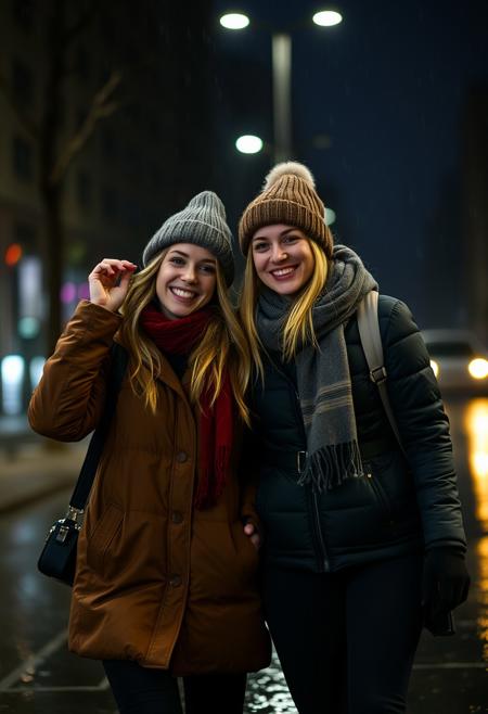 31yo woman together with a friend walking.
night time. Low light.
Happy, smiling, relaxed. touching hair,
Dressed in winter clothing, hat, jacket and pants. Rainy.
