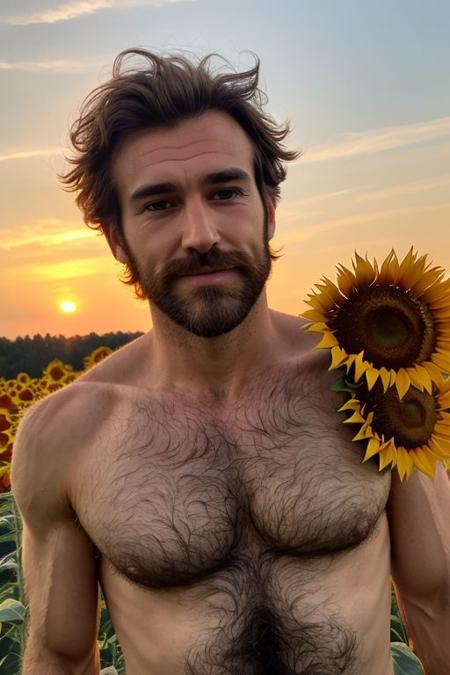 A close-up photo of a handsome hairy chested fit austrian man, sunflowers, looking the viewer, sunrise