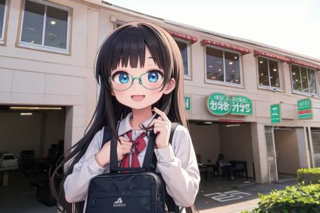 best quality, ultra-detailed, illustration,
1girl, glasses, black hair, long hair, school uniform, school bag, smile, laughing, solo focus,
saizeriya, storefront, scenery, outdoors, sign, building, window
 <lora:saizeriya_ex_SD15_V1:1>